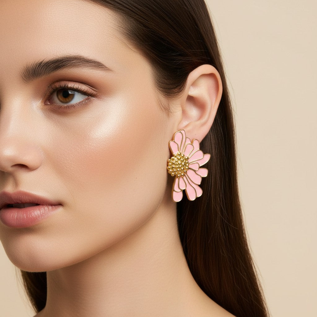 Pink & White Floral Stud Earrings product view 2